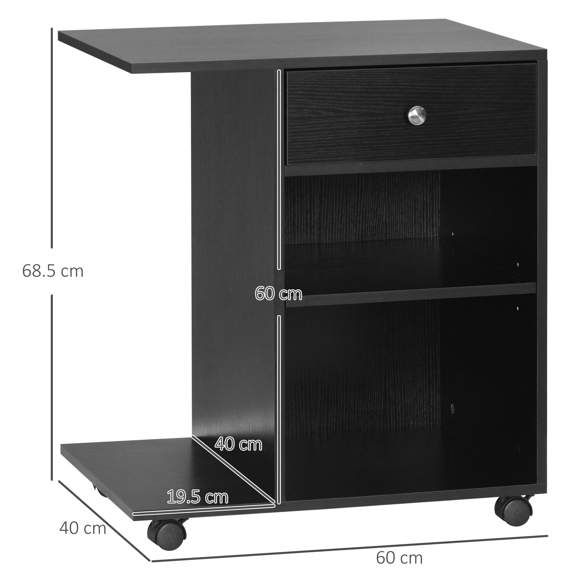 Printer Stand Desk Organizer with 2 Compartments Drawer CPU Space + Large Shelf Black Particle Board