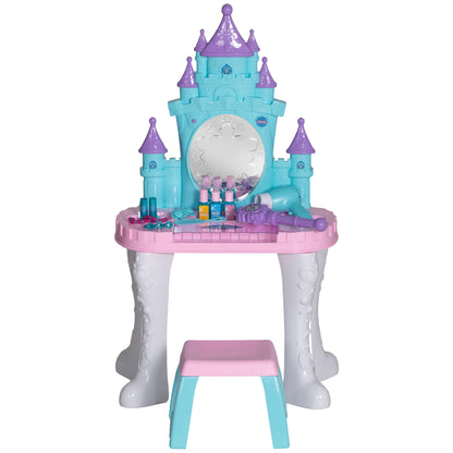 Children's Vanity Set 18 PCS with Mirror and Stool, Castle Design Makeup Table with Light, Music, Hairdryer, for Kids 3-6 Years Old, Multicolor