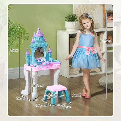 Children's Vanity Set 18 PCS with Mirror and Stool, Castle Design Makeup Table with Light, Music, Hairdryer, for Kids 3-6 Years Old, Multicolor