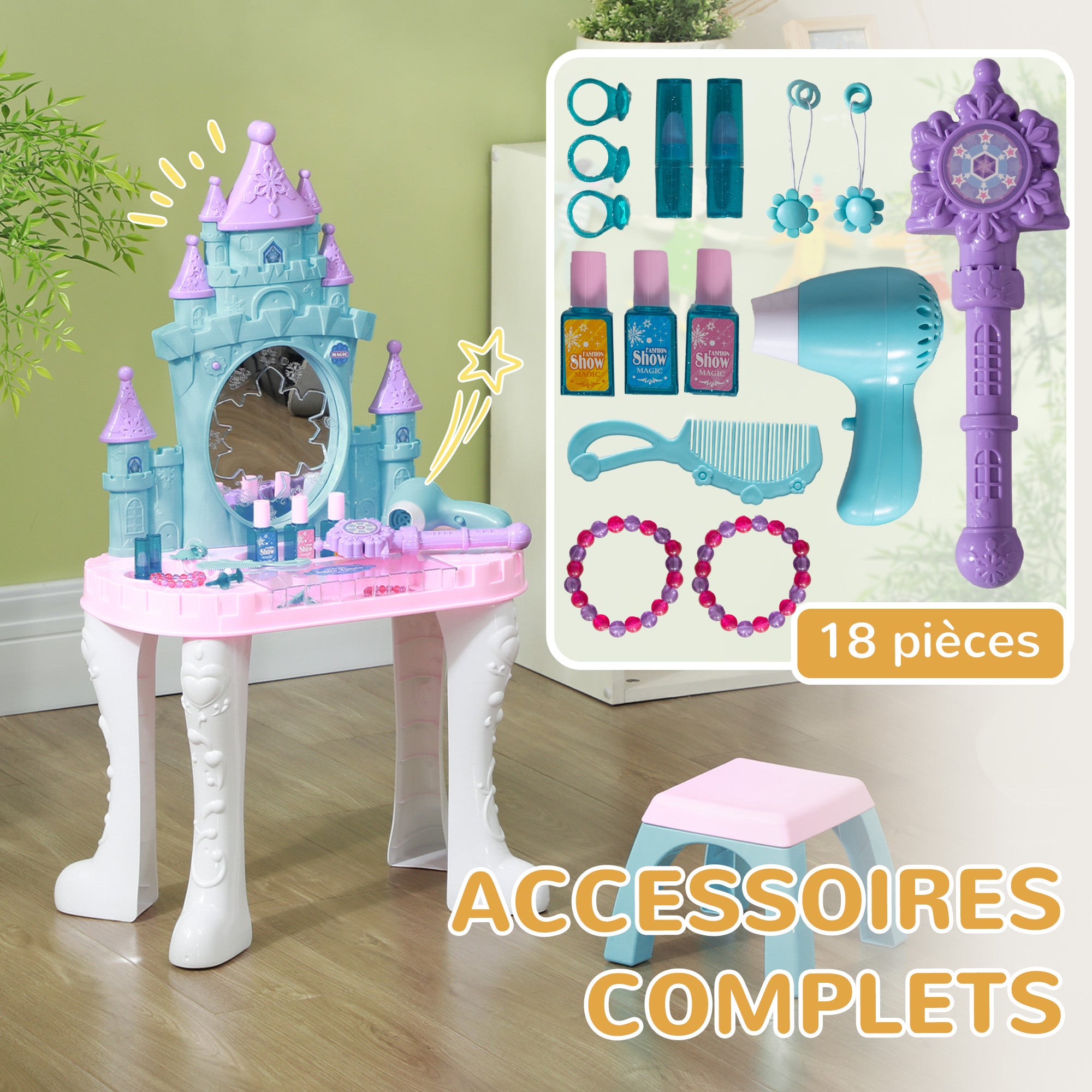 Children's Vanity Set 18 PCS with Mirror and Stool, Castle Design Makeup Table with Light, Music, Hairdryer, for Kids 3-6 Years Old, Multicolor