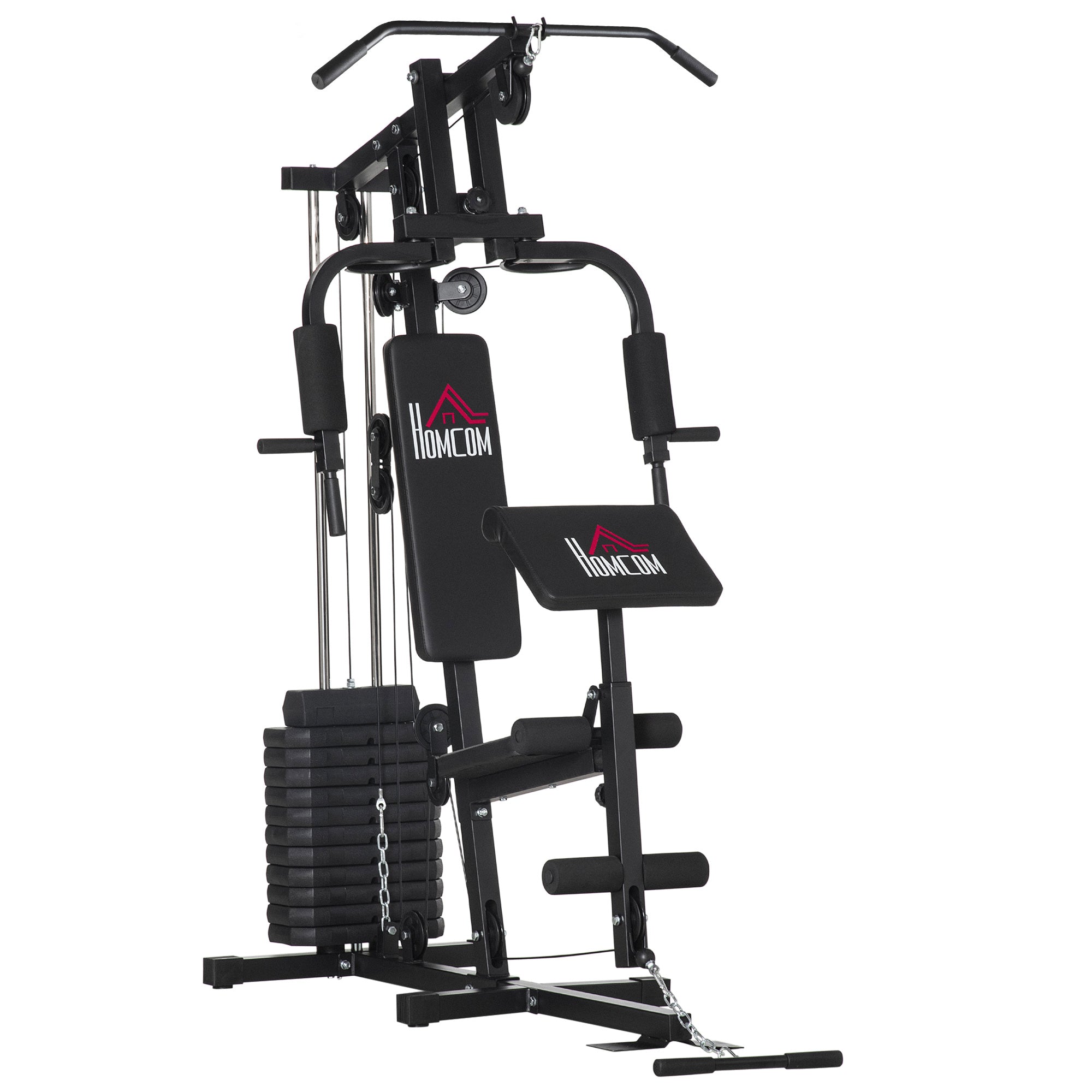 Workout Station with Pull-up Bar and Butterfly, Pulley and Leg Extender - 12 weights of 65 kg in total - Home Exercise Equipment