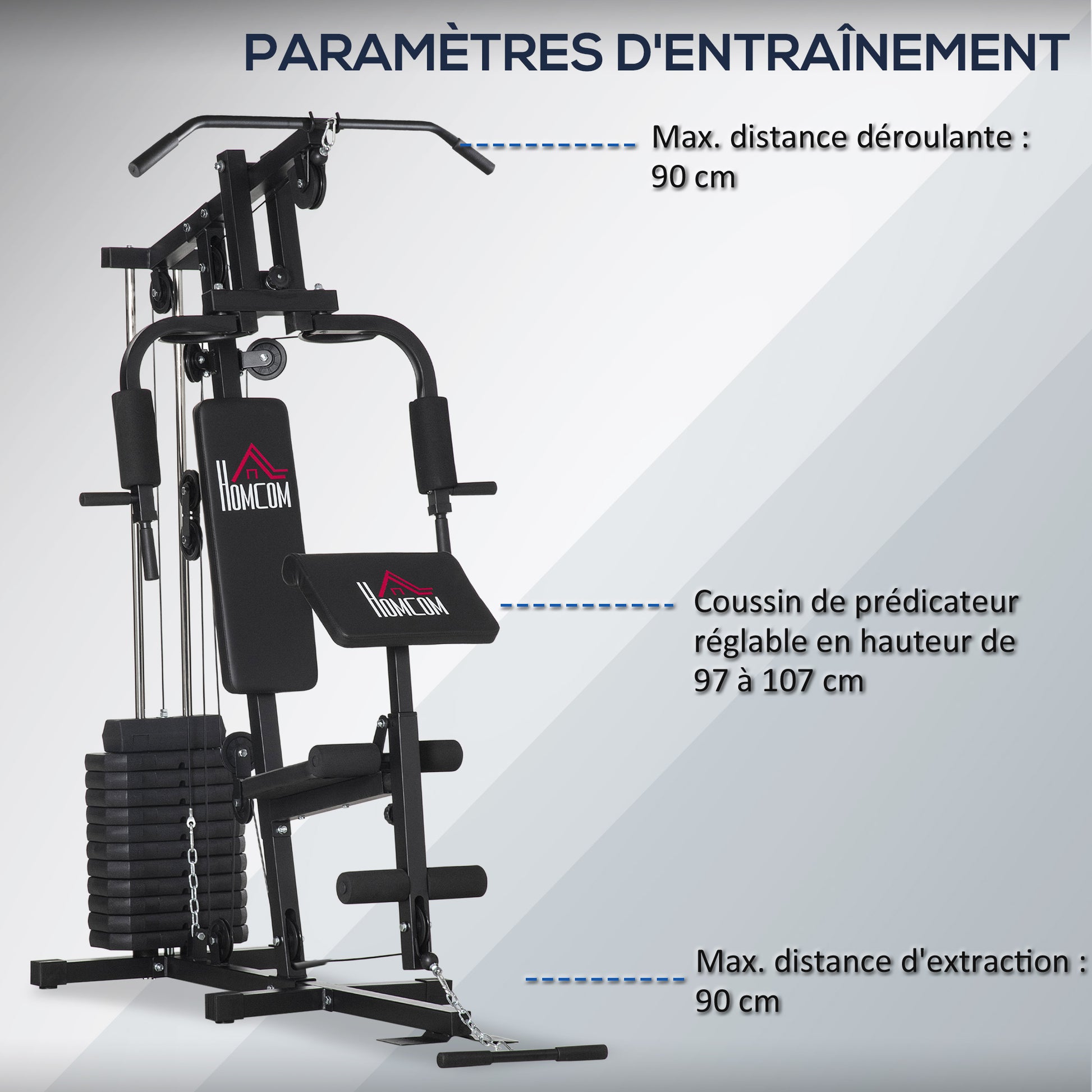 Workout Station with Pull-up Bar and Butterfly, Pulley and Leg Extender - 12 weights of 65 kg in total - Home Exercise Equipment