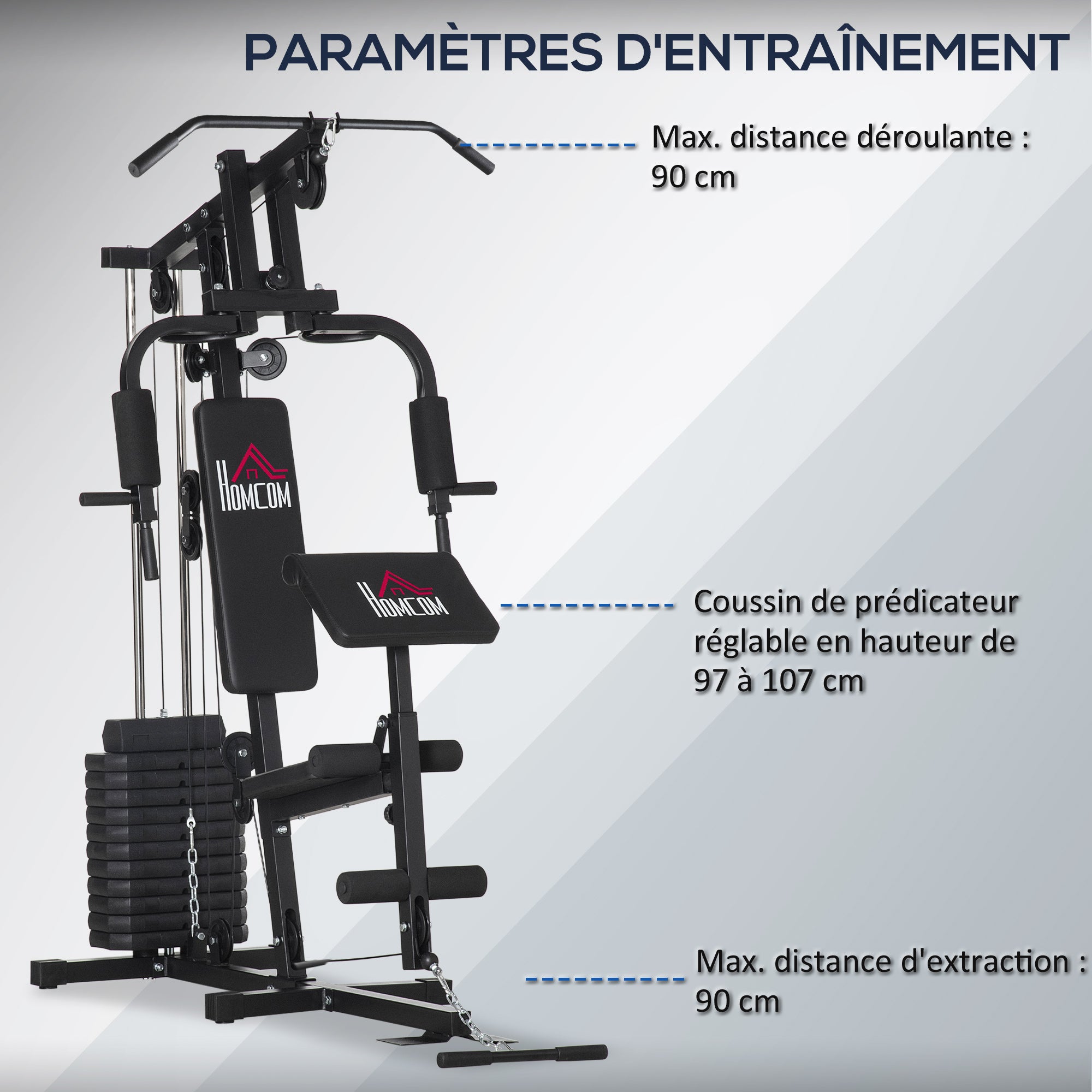 Workout Station with Pull-up Bar and Butterfly, Pulley and Leg Extender - 12 weights of 65 kg in total - Home Exercise Equipment