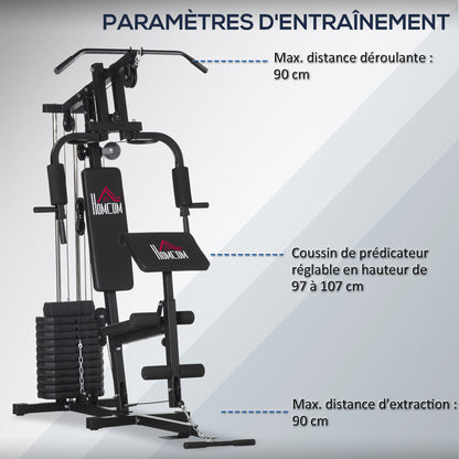 Workout Station with Pull-up Bar and Butterfly, Pulley and Leg Extender - 12 weights of 65 kg in total - Home Exercise Equipment