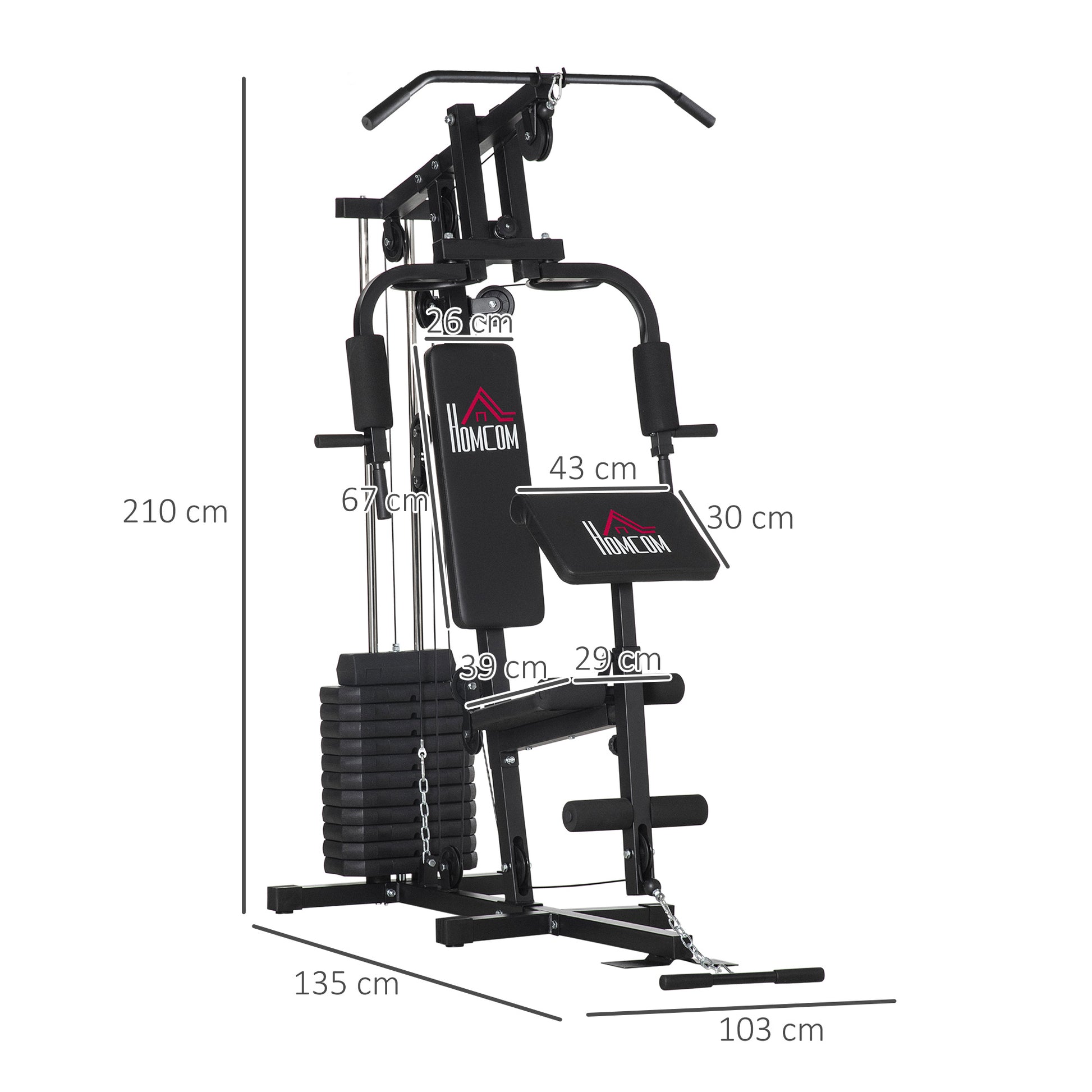 Workout Station with Pull-up Bar and Butterfly, Pulley and Leg Extender - 12 weights of 65 kg in total - Home Exercise Equipment