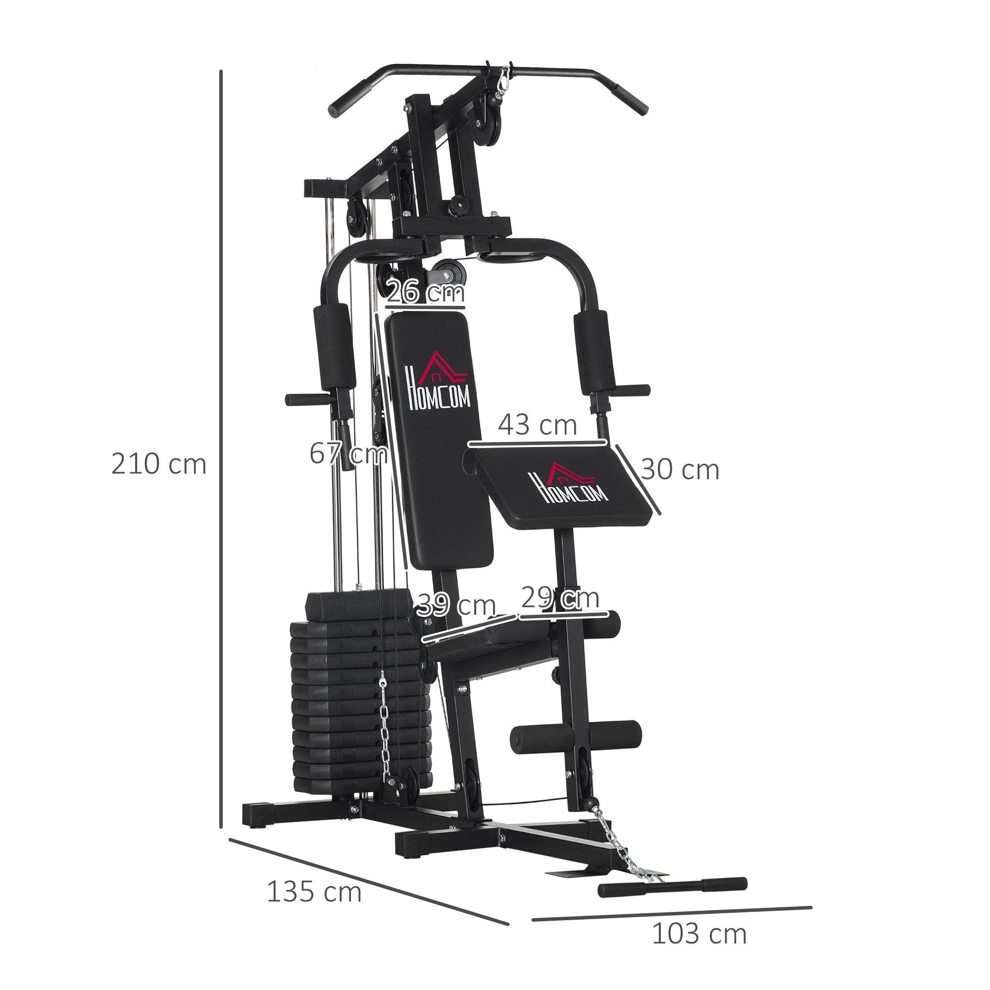 Workout Station with Pull-up Bar and Butterfly, Pulley and Leg Extender - 12 weights of 65 kg in total - Home Exercise Equipment