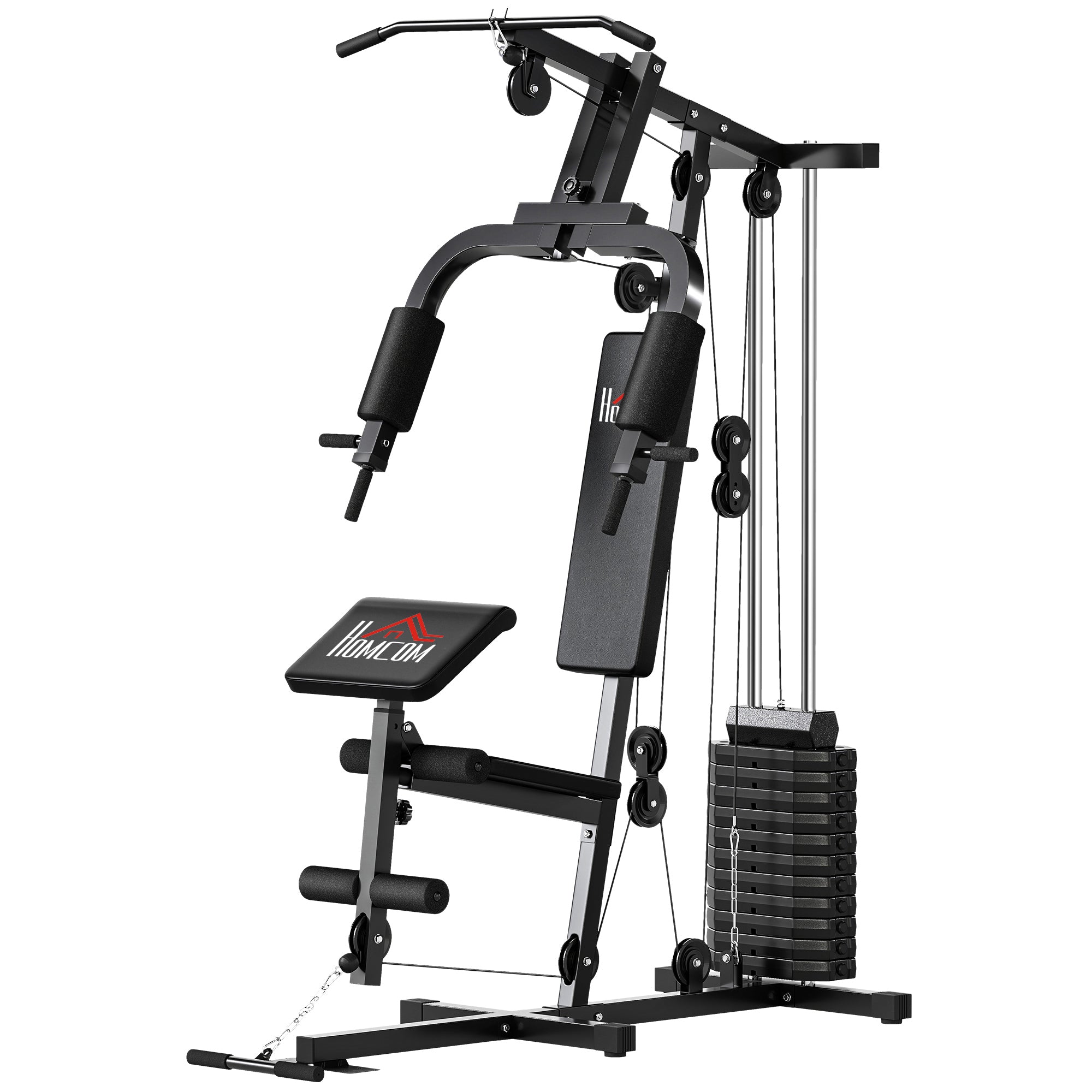 Workout Station with Pull-up Bar and Butterfly, Pulley and Leg Extender - 12 weights of 65 kg in total - Home Exercise Equipment
