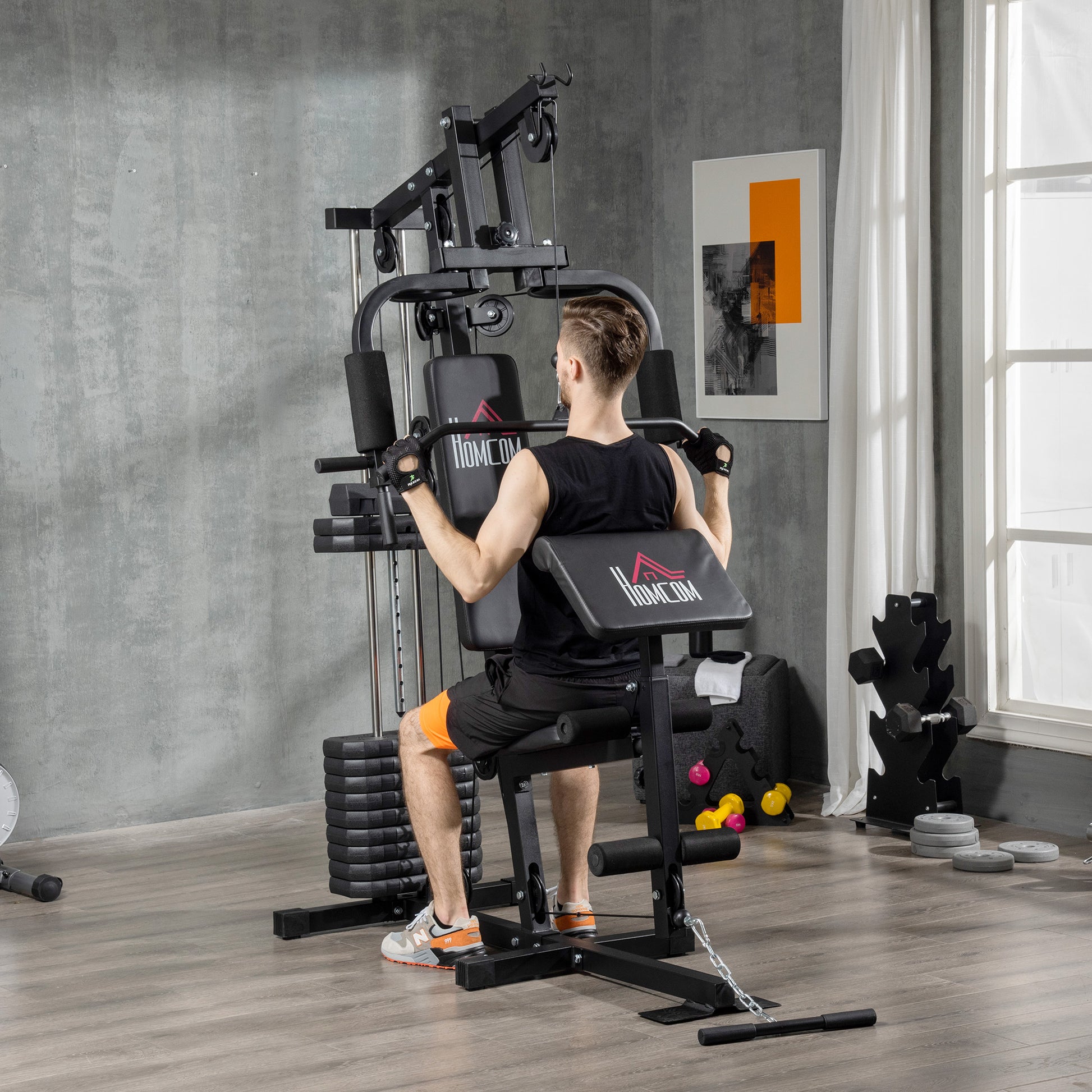 Workout Station with Pull-up Bar and Butterfly, Pulley and Leg Extender - 12 weights of 65 kg in total - Home Exercise Equipment