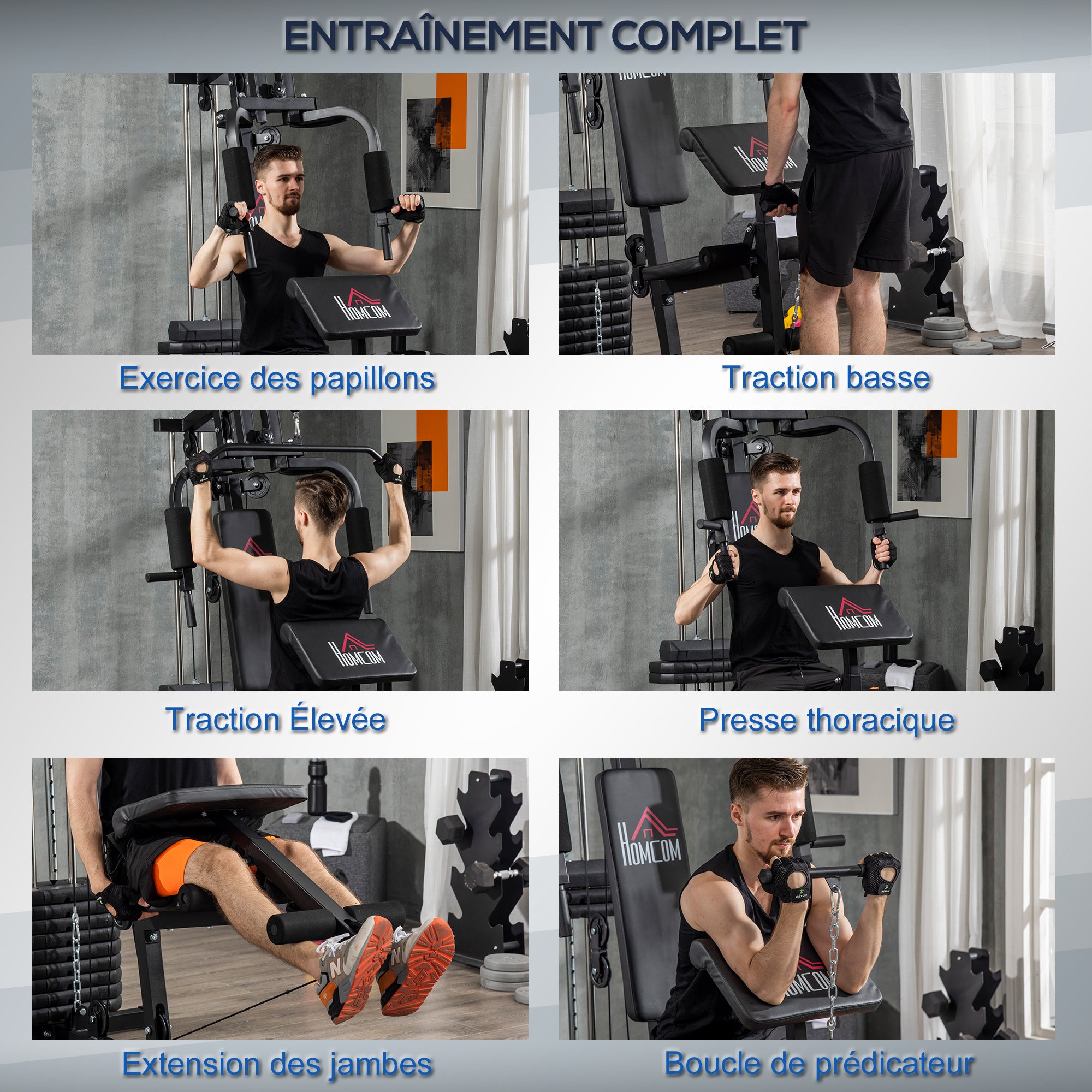 Workout Station with Pull-up Bar and Butterfly, Pulley and Leg Extender - 12 weights of 65 kg in total - Home Exercise Equipment