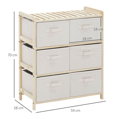 Fabric Drawer Storage Cabinet with 6 Folding Drawers Contemporary Style Natural Wood Frame for Bedroom Office Living Room 59 x 28 x 70 cm Natural Wood Beige
