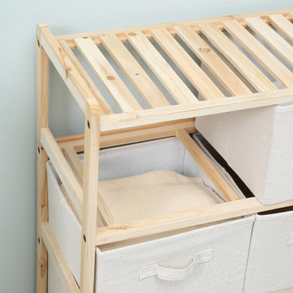 Fabric Drawer Storage Cabinet with 6 Folding Drawers Contemporary Style Natural Wood Frame for Bedroom Office Living Room 59 x 28 x 70 cm Natural Wood Beige