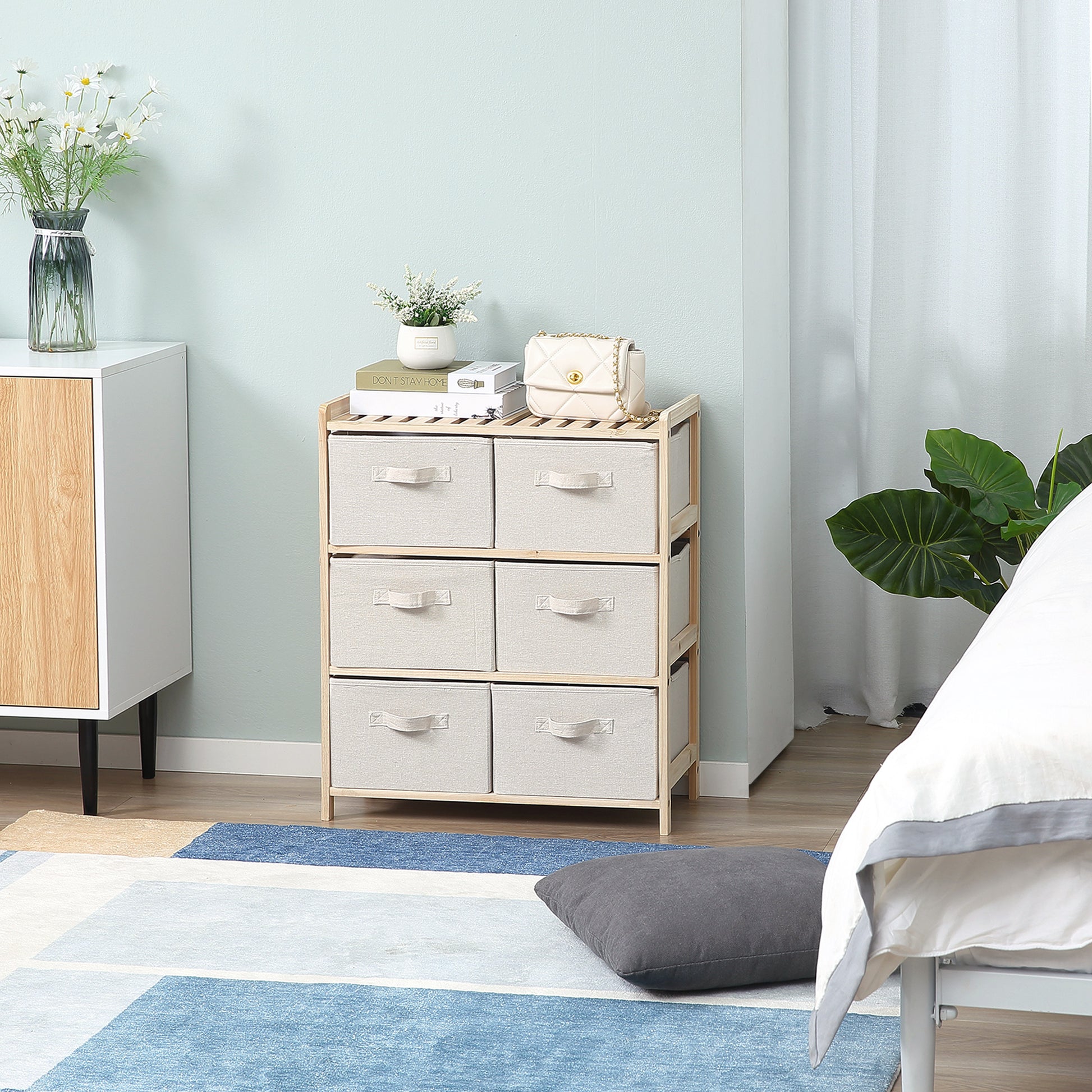 Fabric Drawer Storage Cabinet with 6 Folding Drawers Contemporary Style Natural Wood Frame for Bedroom Office Living Room 59 x 28 x 70 cm Natural Wood Beige