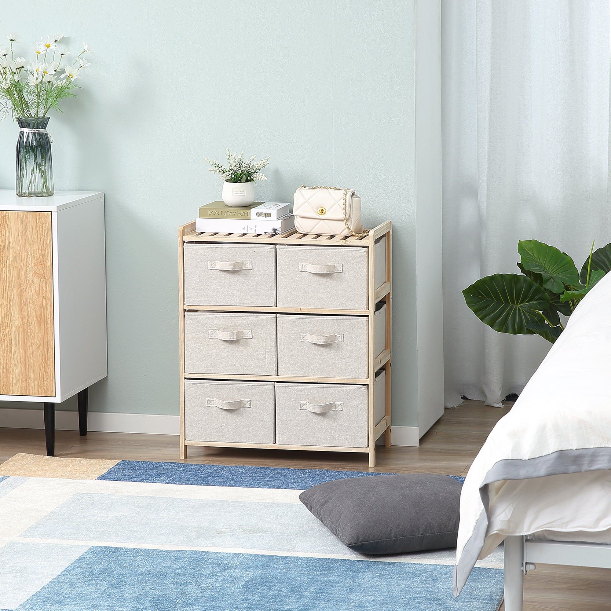 Fabric Drawer Storage Cabinet with 6 Folding Drawers Contemporary Style Natural Wood Frame for Bedroom Office Living Room 59 x 28 x 70 cm Natural Wood Beige
