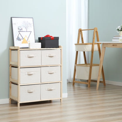 Fabric Drawer Storage Cabinet with 6 Folding Drawers Contemporary Style Natural Wood Frame for Bedroom Office Living Room 59 x 28 x 70 cm Natural Wood Beige