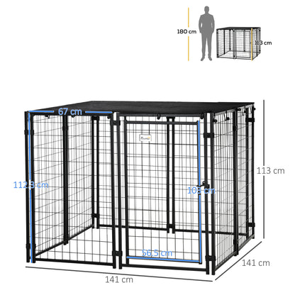 Foldable Steel Dog Pen with Cover, Pet Crate with Lockable Door, 8 Panel Run for Animals, 141x141x113cm, Black