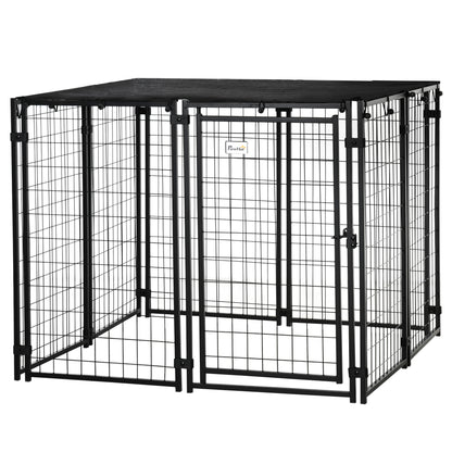 Foldable Steel Dog Pen with Cover, Pet Crate with Lockable Door, 8 Panel Run for Animals, 141x141x113cm, Black