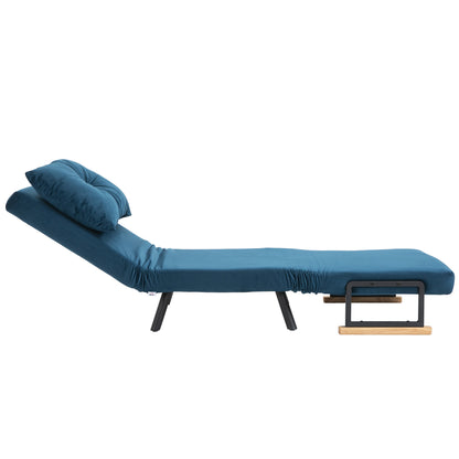 Sleeper Chair 3-in-1 Convertible Chair Bed, Blue Folding Sofa Bed with 5-Position Adjustable Backrest, Velvet-Look Recliner Chair with Pillow and Rubberwood Armrests for Living Room