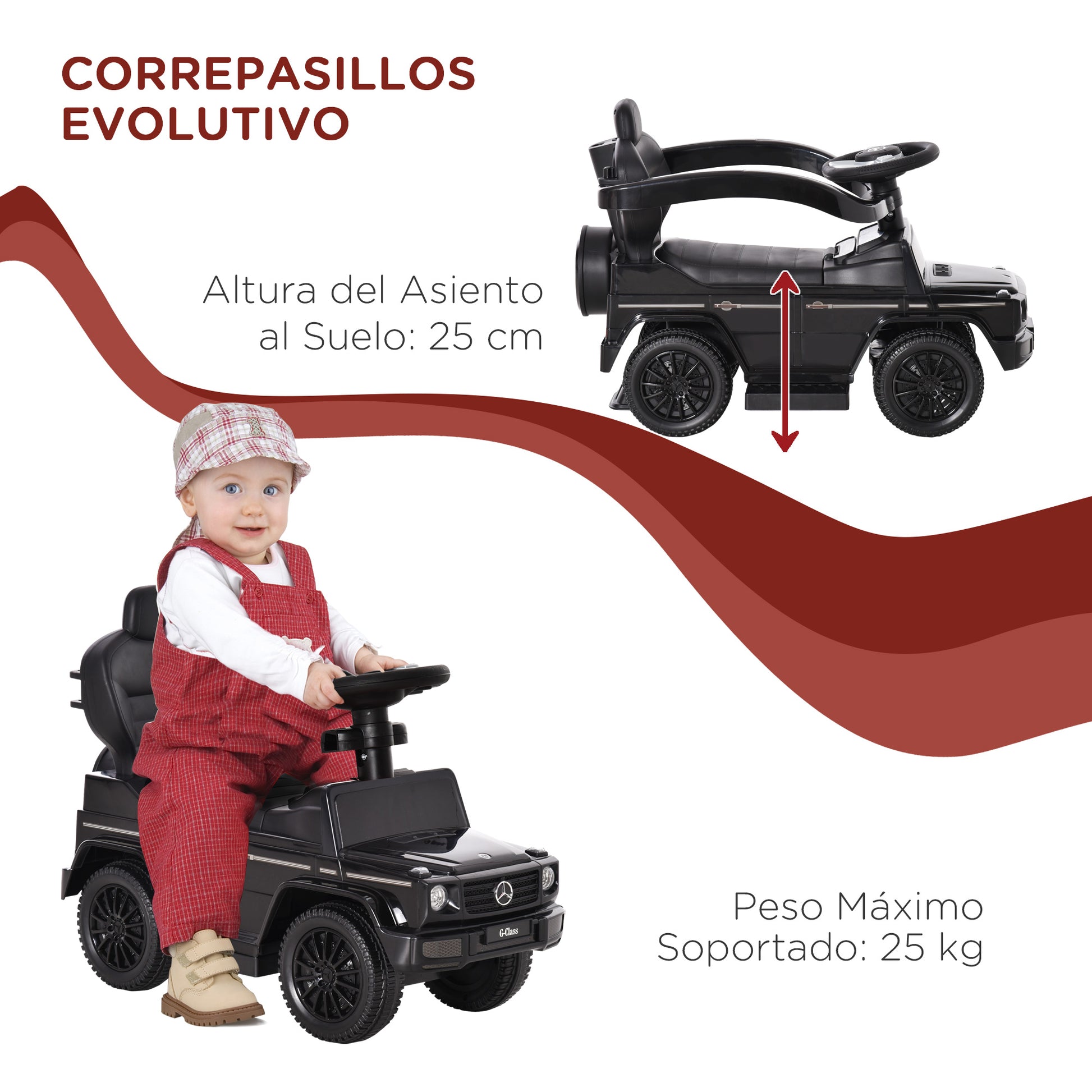 Ride-On Toy for Kids with Mercedes G350 License Ride-On Car for Kids 1-3 Years with Horn Removable Canopy and Guardrail Load 25 kg 85.5x40.5x95 cm Black