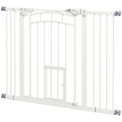Dog Stair Gate, Dog Barrier Gate with Self-Closing Door, 74-100 cm, Door Guard with Cat Flap, No Drilling, Dog Barrier for Dogs, White
