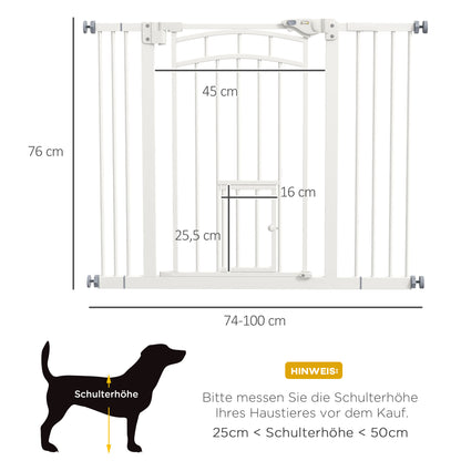 Dog Stair Gate, Dog Barrier Gate with Self-Closing Door, 74-100 cm, Door Guard with Cat Flap, No Drilling, Dog Barrier for Dogs, White