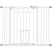 Dog Stair Gate, Dog Barrier Gate with Self-Closing Door, 74-100 cm, Door Guard with Cat Flap, No Drilling, Dog Barrier for Dogs, White