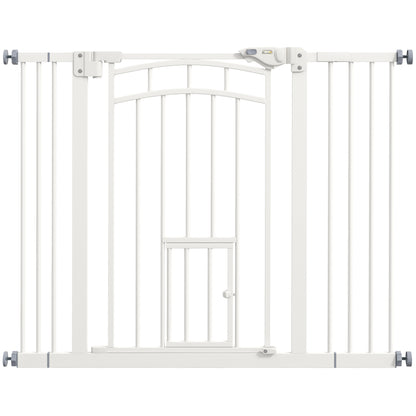 Dog Stair Gate, Dog Barrier Gate with Self-Closing Door, 74-100 cm, Door Guard with Cat Flap, No Drilling, Dog Barrier for Dogs, White