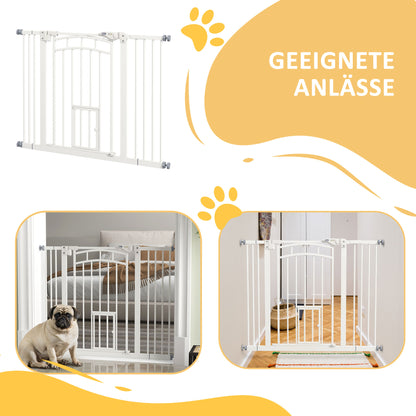 Dog Stair Gate, Dog Barrier Gate with Self-Closing Door, 74-100 cm, Door Guard with Cat Flap, No Drilling, Dog Barrier for Dogs, White
