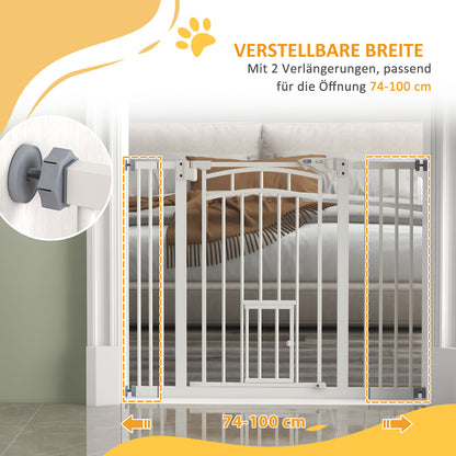 Dog Stair Gate, Dog Barrier Gate with Self-Closing Door, 74-100 cm, Door Guard with Cat Flap, No Drilling, Dog Barrier for Dogs, White