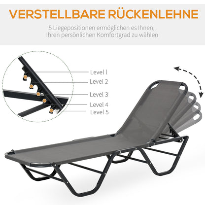 Sun Lounger Beach Lounger 5-Position Alu Garden Lounger Relax Lounger Texteline Gray+Black 163 x 58.5 x 91 cm