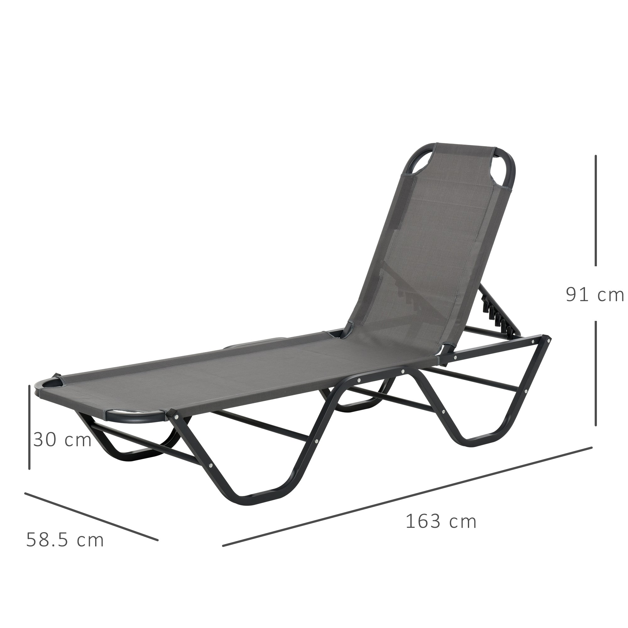 Sun Lounger Beach Lounger 5-Position Alu Garden Lounger Relax Lounger Texteline Gray+Black 163 x 58.5 x 91 cm