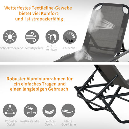 Sun Lounger Beach Lounger 5-Position Alu Garden Lounger Relax Lounger Texteline Gray+Black 163 x 58.5 x 91 cm