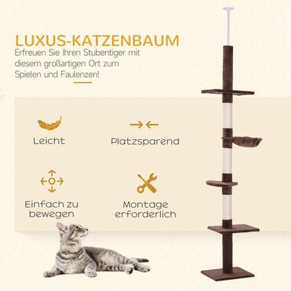 Ceiling-High Adjustable Scratching Post, Sturdy Cat Tree with Sisal Pillars, Cat Climbing Tree, Brown, 40 x 34 x 230-260 cm