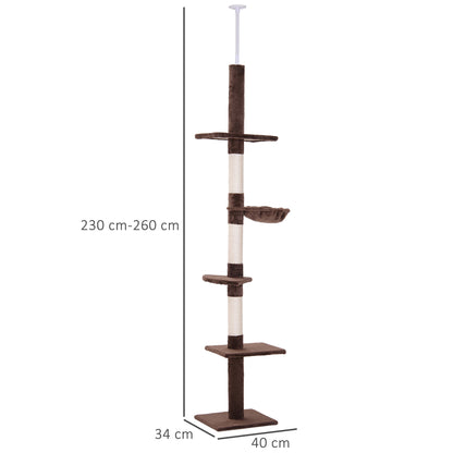 Ceiling-High Adjustable Scratching Post, Sturdy Cat Tree with Sisal Pillars, Cat Climbing Tree, Brown, 40 x 34 x 230-260 cm