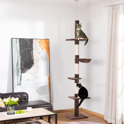 Ceiling-High Adjustable Scratching Post, Sturdy Cat Tree with Sisal Pillars, Cat Climbing Tree, Brown, 40 x 34 x 230-260 cm