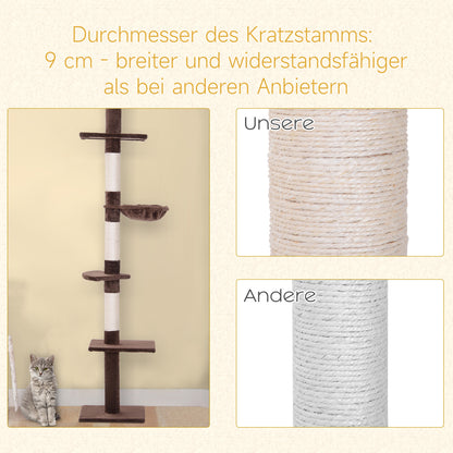 Ceiling-High Adjustable Scratching Post, Sturdy Cat Tree with Sisal Pillars, Cat Climbing Tree, Brown, 40 x 34 x 230-260 cm