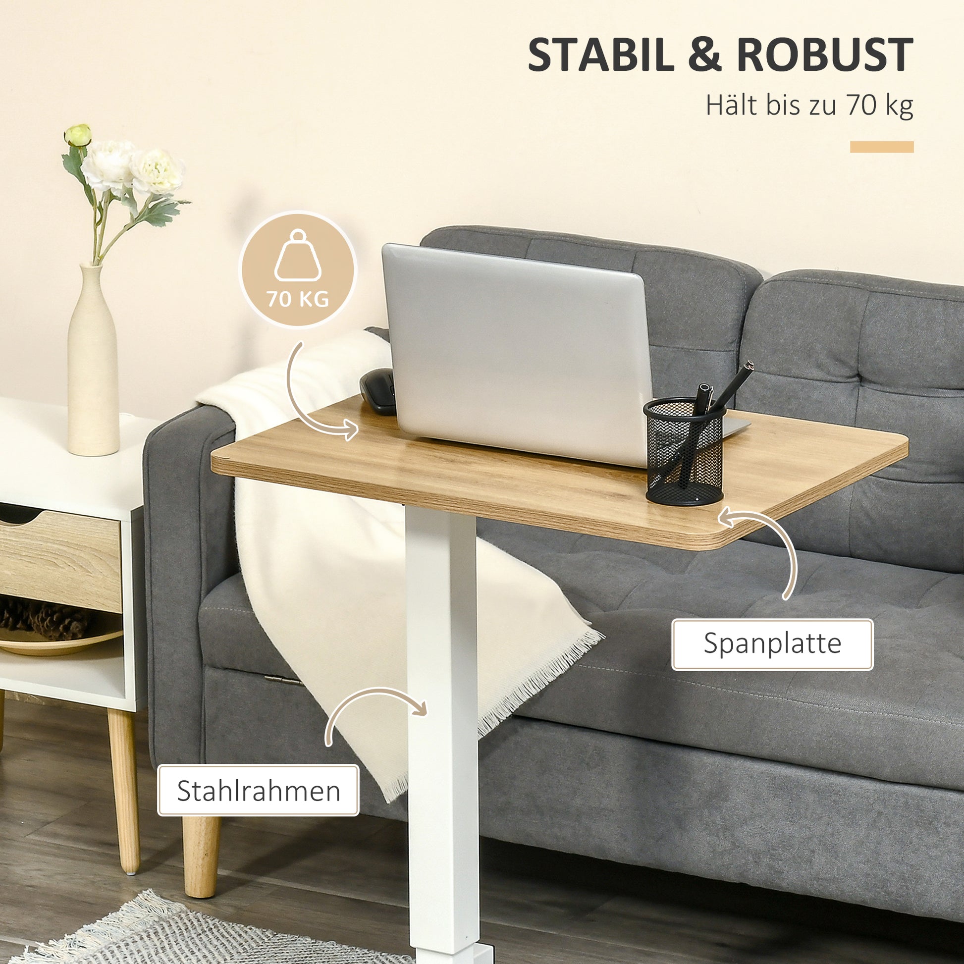 Height Adjustable C-shaped Standing Desk Space-Saving Laptop Table Standing Desk Side Table with Wheels for Study Living Room Natural+White Load Capacity 70 kg 65 x 48 x 70-110 cm