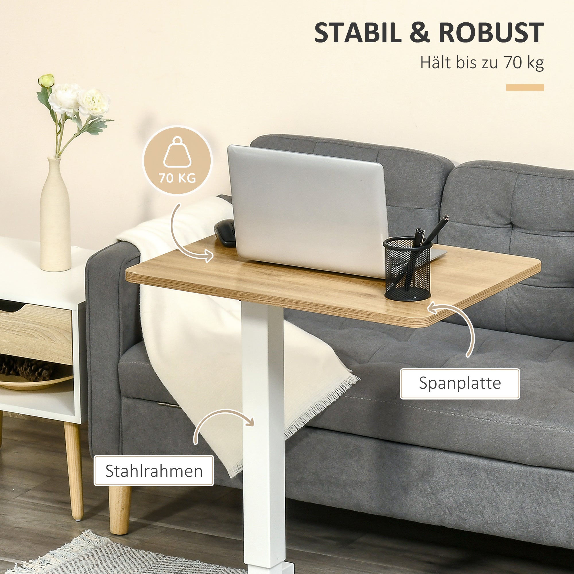 Height Adjustable C-shaped Standing Desk Space-Saving Laptop Table Standing Desk Side Table with Wheels for Study Living Room Natural+White Load Capacity 70 kg 65 x 48 x 70-110 cm