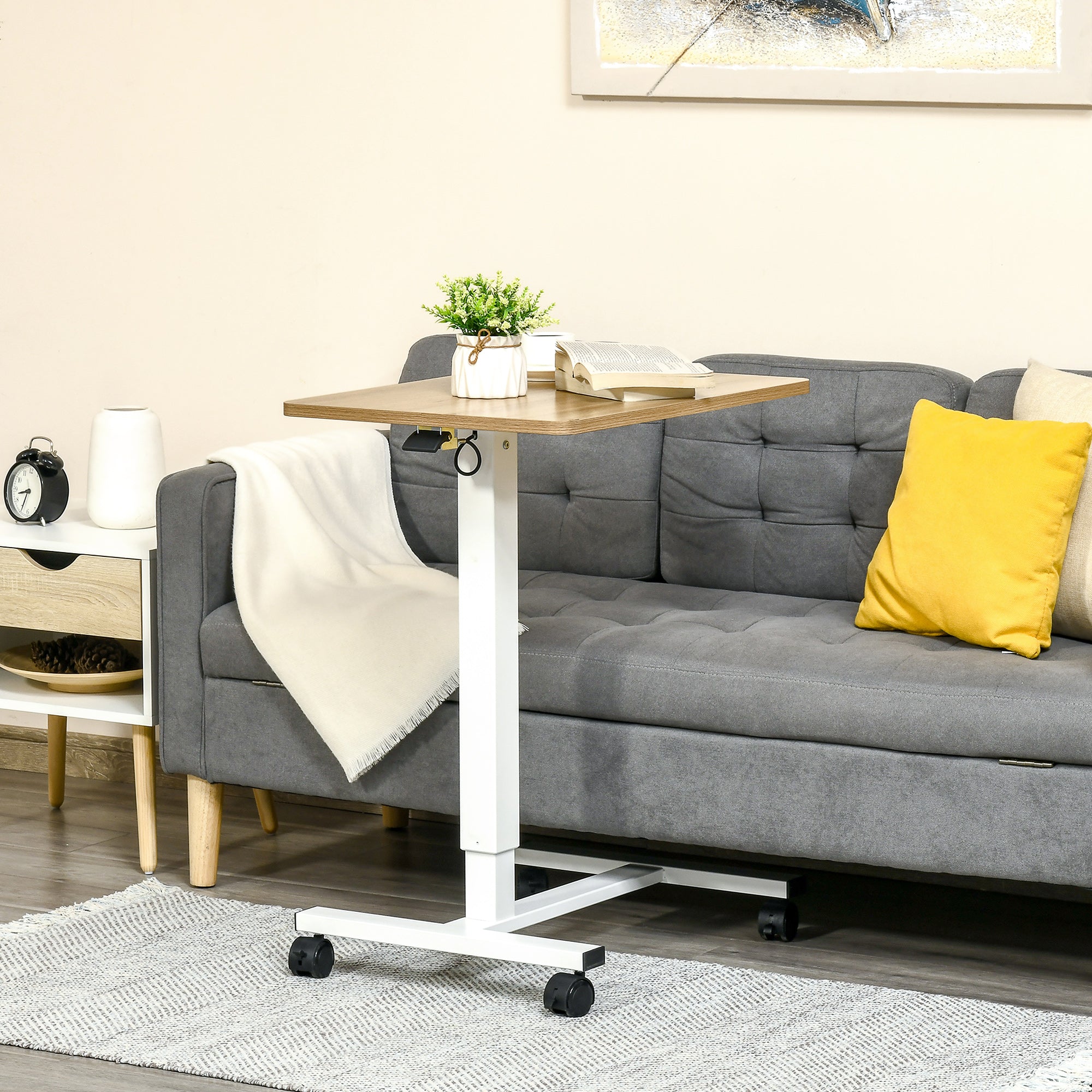 Height Adjustable C-shaped Standing Desk Space-Saving Laptop Table Standing Desk Side Table with Wheels for Study Living Room Natural+White Load Capacity 70 kg 65 x 48 x 70-110 cm