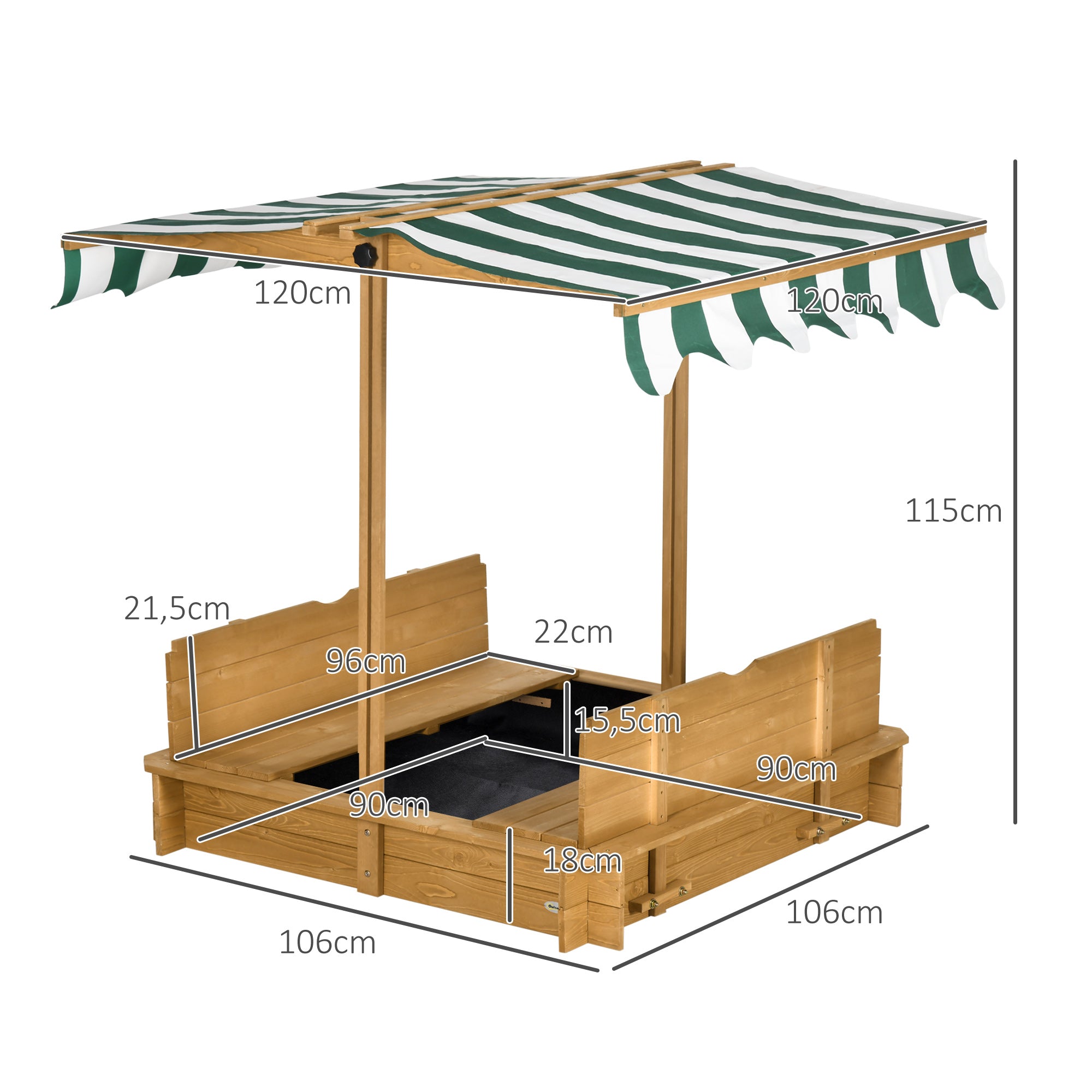 Children's Wooden Sandbox with Adjustable Canopy, 2 Benches, and Removable Backrests for Patio Garden 106x106x115 cm Natural Wood with Green and White Stripes