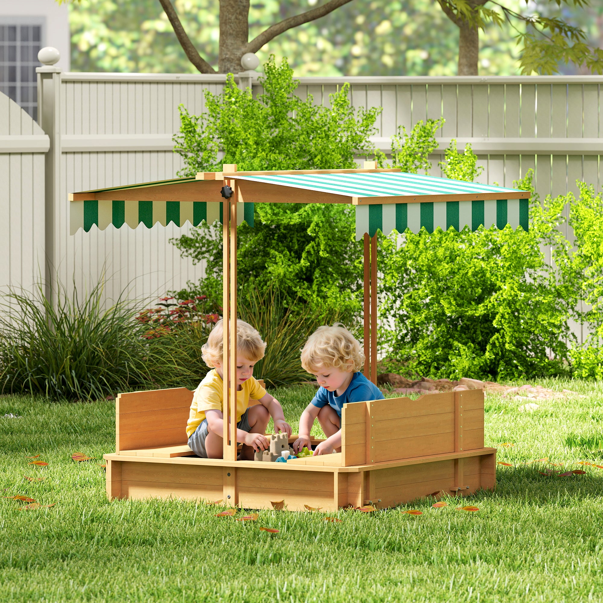 Children's Wooden Sandbox with Adjustable Canopy, 2 Benches, and Removable Backrests for Patio Garden 106x106x115 cm Natural Wood with Green and White Stripes