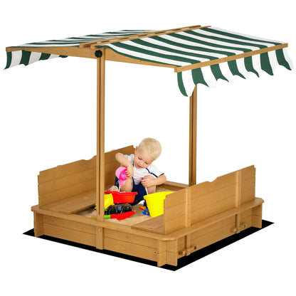 Children's Wooden Sandbox with Adjustable Canopy, 2 Benches, and Removable Backrests for Patio Garden 106x106x115 cm Natural Wood with Green and White Stripes