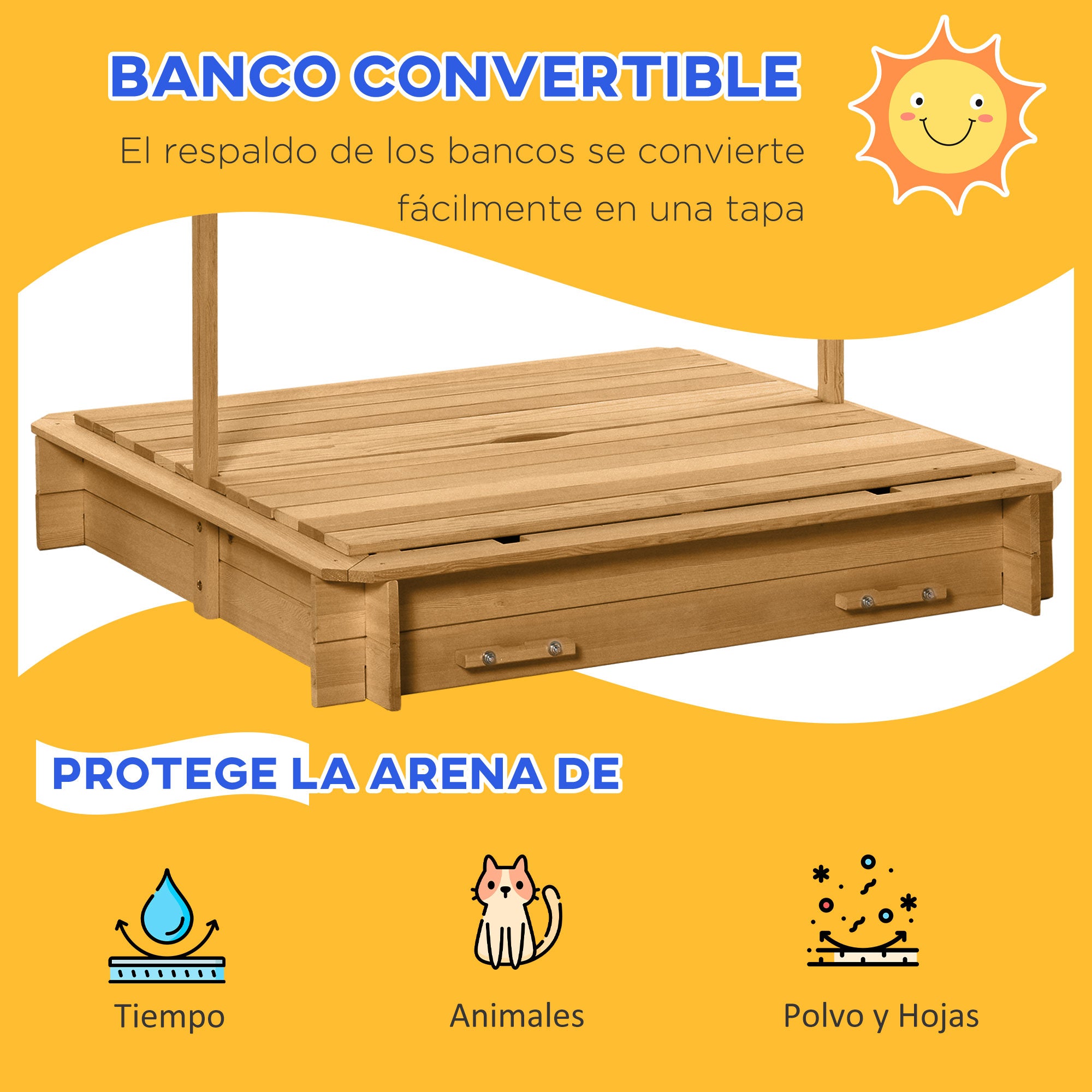 Children's Wooden Sandbox with Adjustable Canopy, 2 Benches, and Removable Backrests for Patio Garden 106x106x115 cm Natural Wood with Green and White Stripes