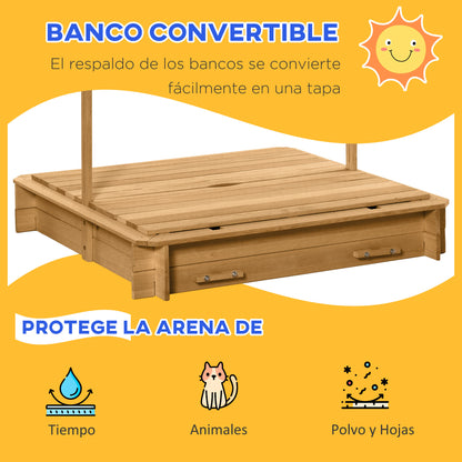 Children's Wooden Sandbox with Adjustable Canopy, 2 Benches, and Removable Backrests for Patio Garden 106x106x115 cm Natural Wood with Green and White Stripes