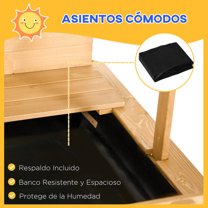Children's Wooden Sandbox with Adjustable Canopy, 2 Benches, and Removable Backrests for Patio Garden 106x106x115 cm Natural Wood with Green and White Stripes