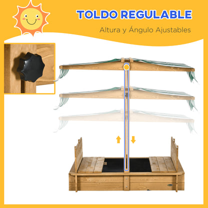 Children's Wooden Sandbox with Adjustable Canopy, 2 Benches, and Removable Backrests for Patio Garden 106x106x115 cm Natural Wood with Green and White Stripes