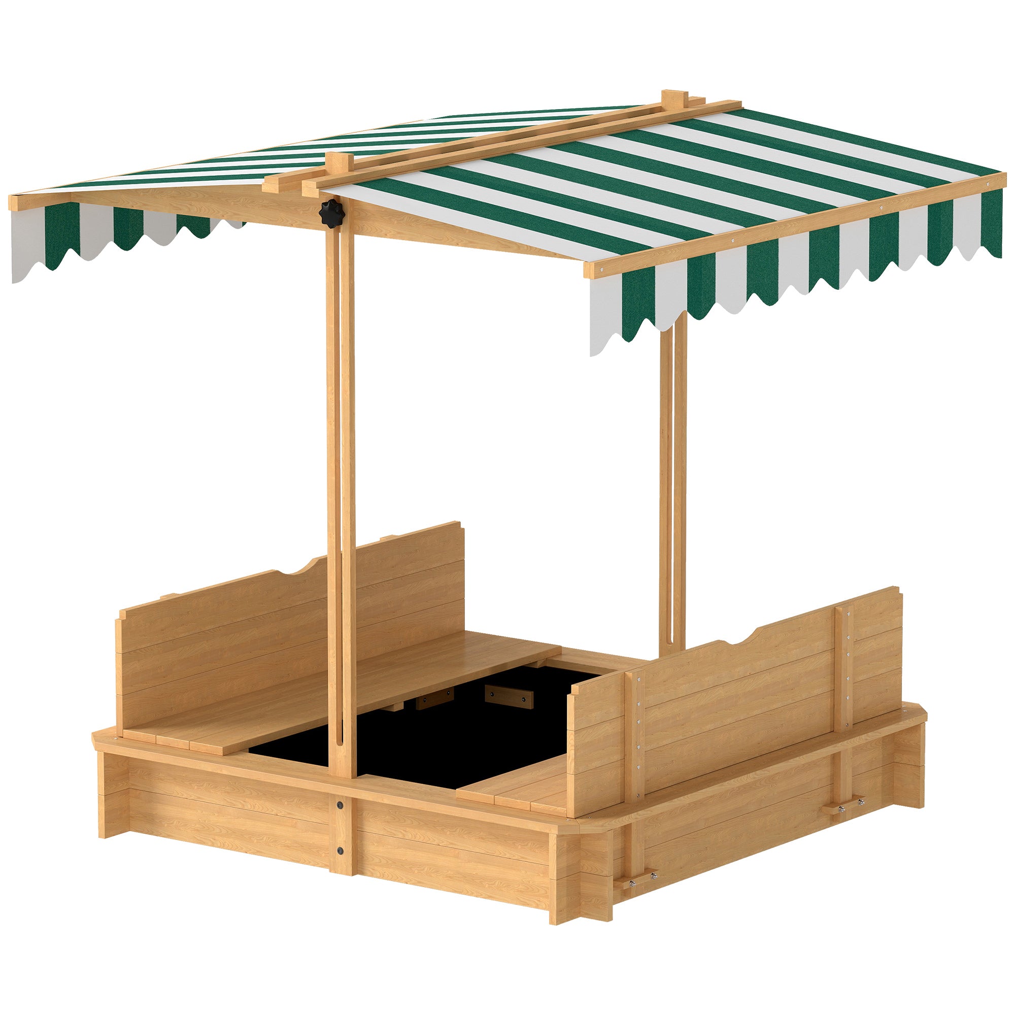 Children's Wooden Sandbox with Adjustable Canopy, 2 Benches, and Removable Backrests for Patio Garden 106x106x115 cm Natural Wood with Green and White Stripes