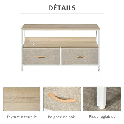 Low TV Stand on Legs TV Support for TVs up to 47 inches Industrial Style 2 Fabric Drawers Light Gray Natural Wood and White Metal