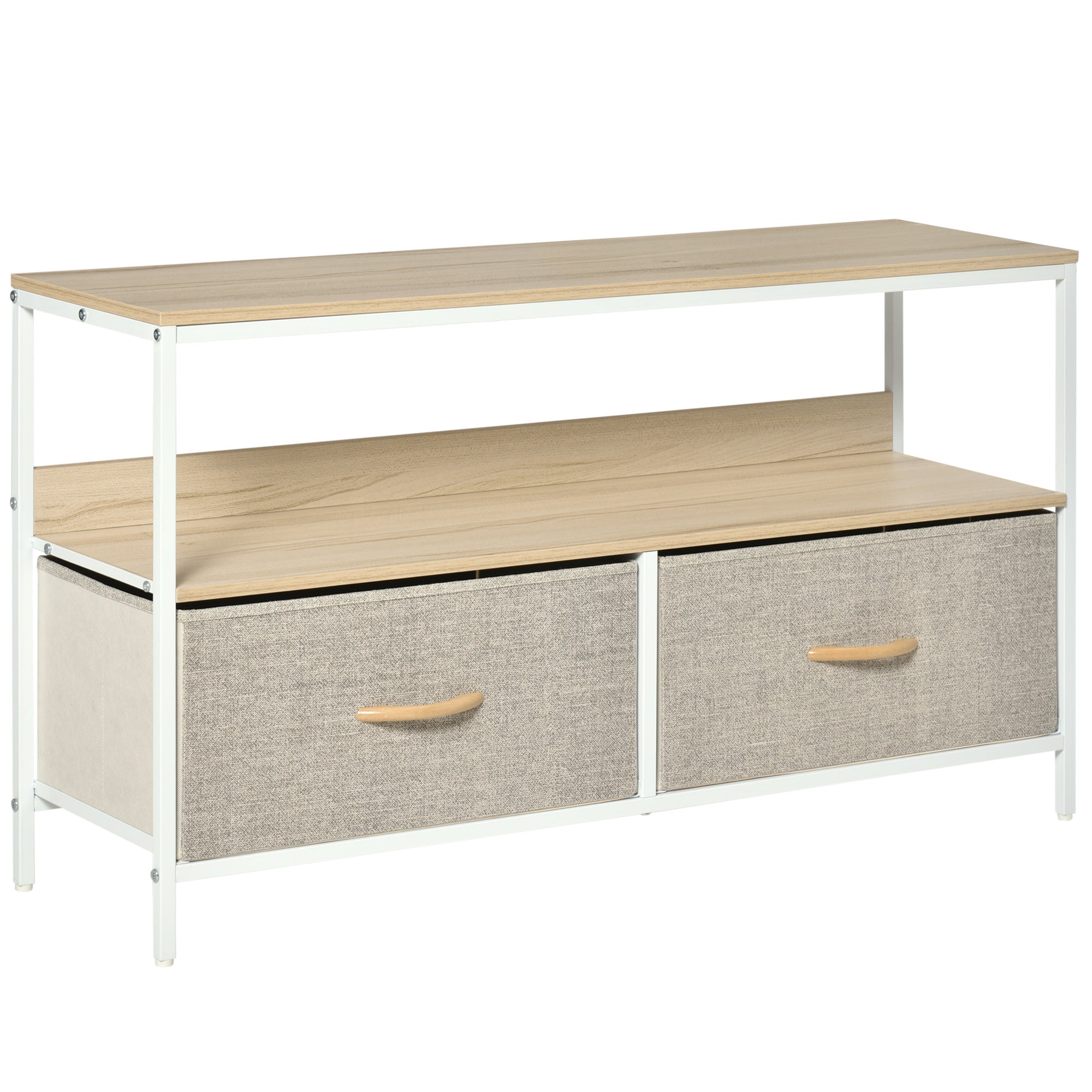 Low TV Stand on Legs TV Support for TVs up to 47 inches Industrial Style 2 Fabric Drawers Light Gray Natural Wood and White Metal