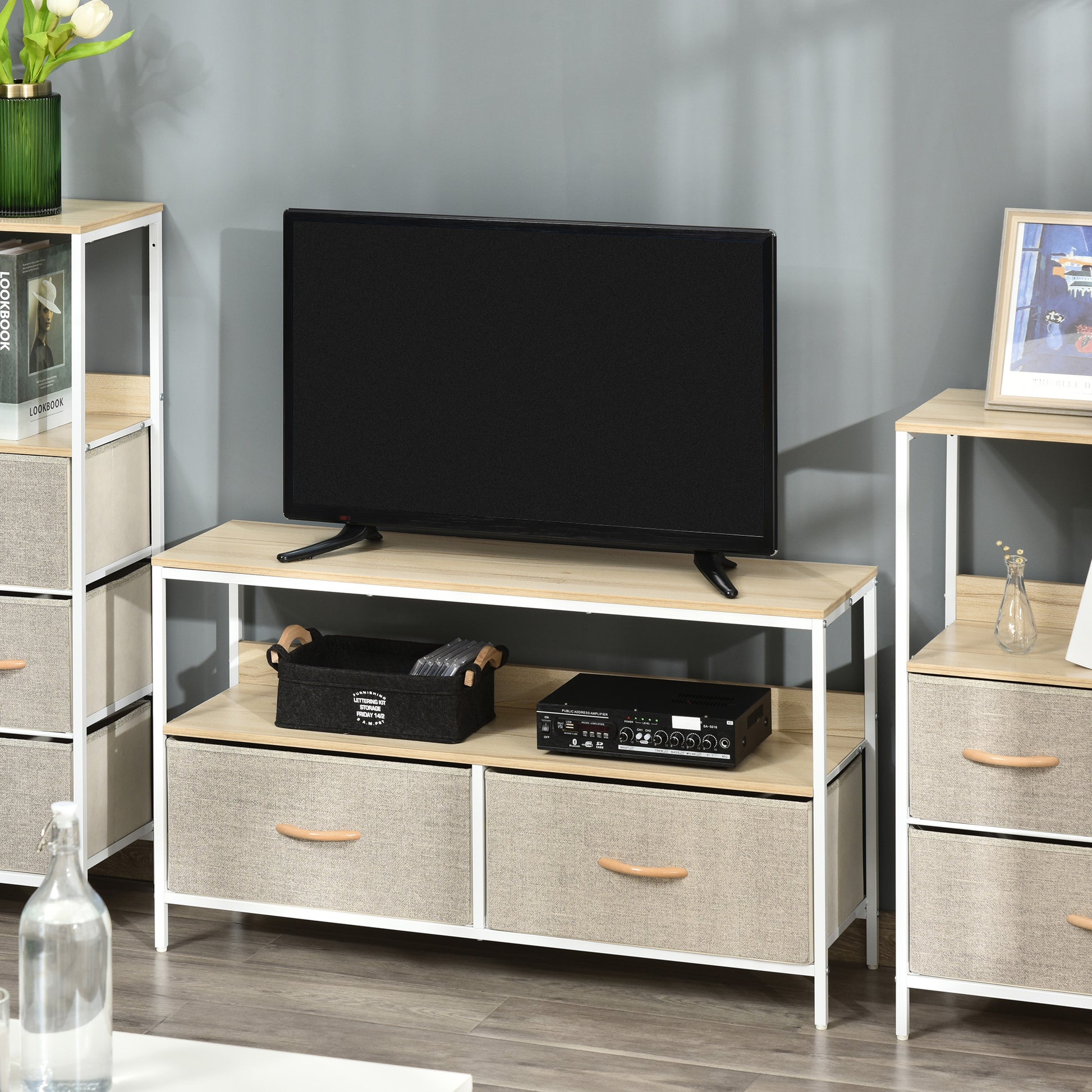 Low TV Stand on Legs TV Support for TVs up to 47 inches Industrial Style 2 Fabric Drawers Light Gray Natural Wood and White Metal
