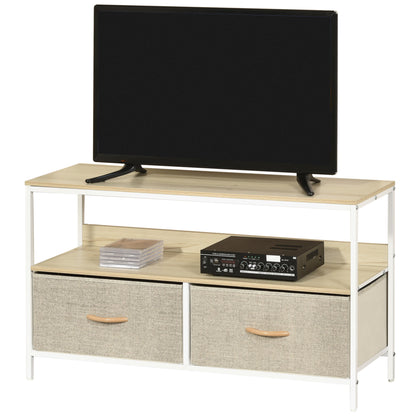 Low TV Stand on Legs TV Support for TVs up to 47 inches Industrial Style 2 Fabric Drawers Light Gray Natural Wood and White Metal